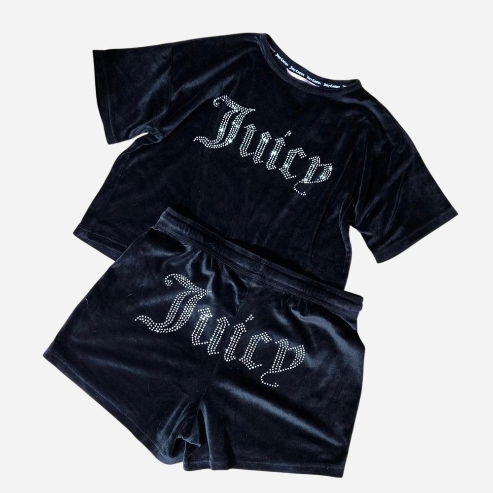 Juicy Couture Black Velour Pajama Set With Sequins Logo Women Size Small